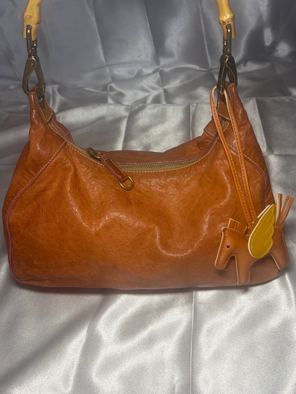 Miu Miu Cognac Leather Shoulder Bag with bamboo handle & Pony Charm